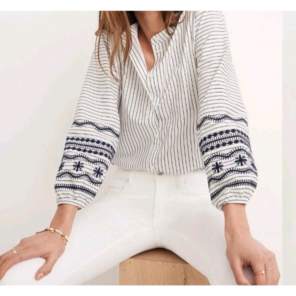 Madewell striped embroidered sleeve button down shirt blk/wht/blu wmms sz L